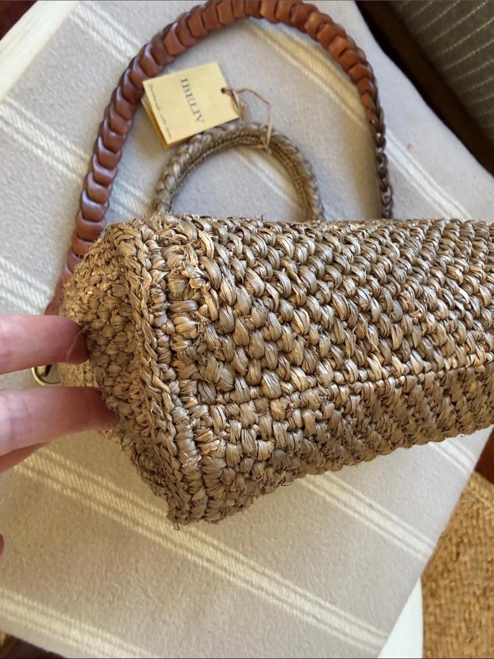 NWT IBELIV Rary Dark Tea Woven Raffia Tote Bag Leather Strap Luxury Summer - Picture 8 of 12
